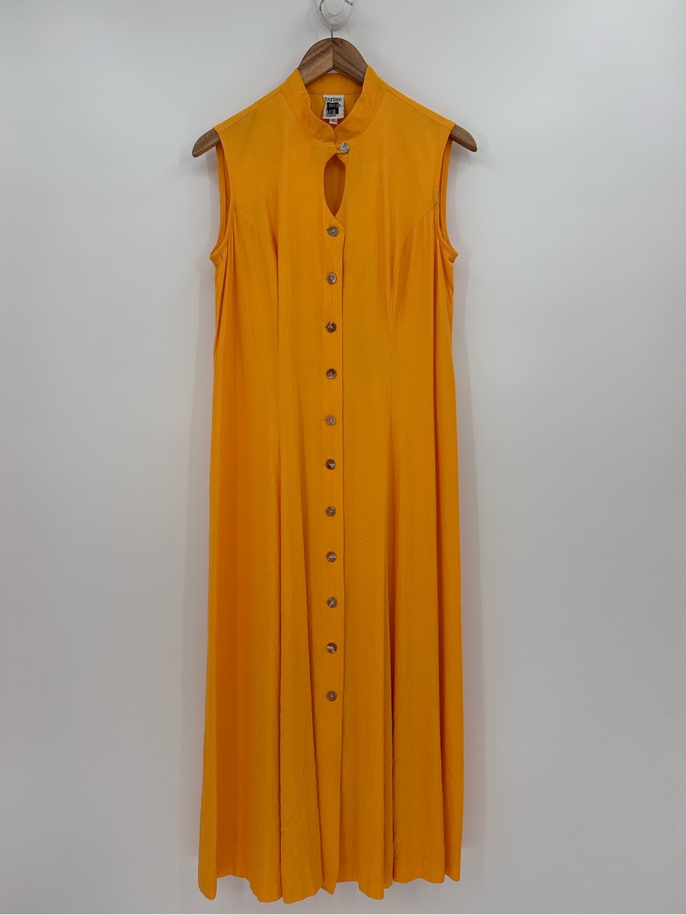 90's Yellow Mandarin Collar Button Down Maxi Dress Size 12